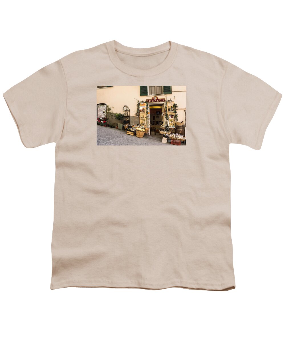 Cinque Terre Youth T-Shirt featuring the photograph Burasca Shop of Manarola by Prints of Italy