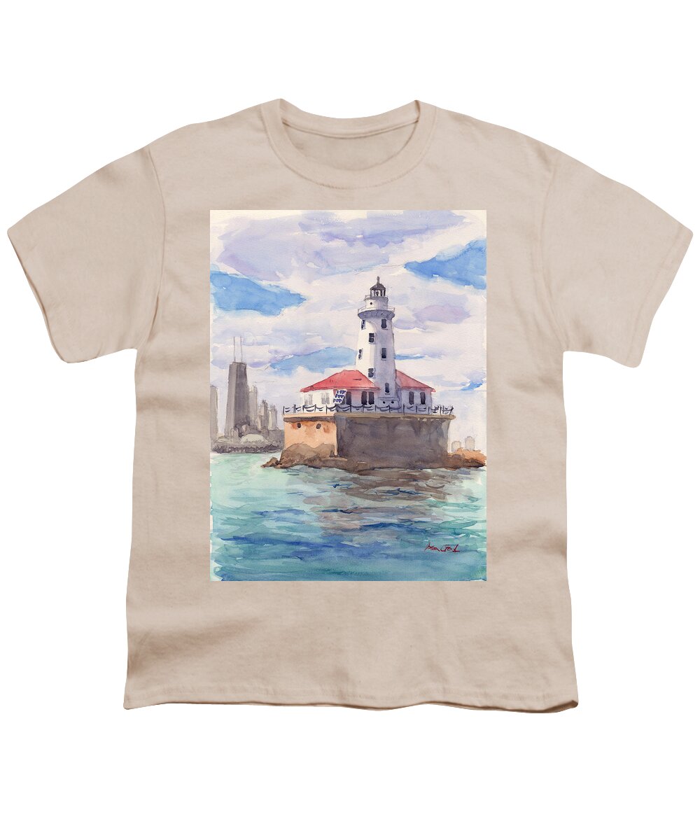 Landscape Youth T-Shirt featuring the painting Chicago Harbor Light by Max Good