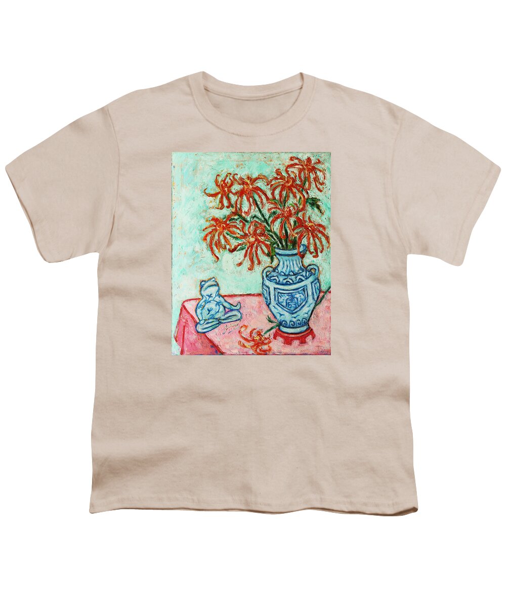 Chrysanthemum Youth T-Shirt featuring the painting Chrysanthemum and Frog by Xueling Zou