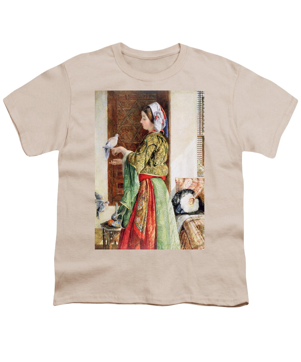 Girl With Two Caged Doves Youth T-Shirt featuring the painting Girl With Two Caged Doves, Cairo, 1864 by John Frederick Lewis