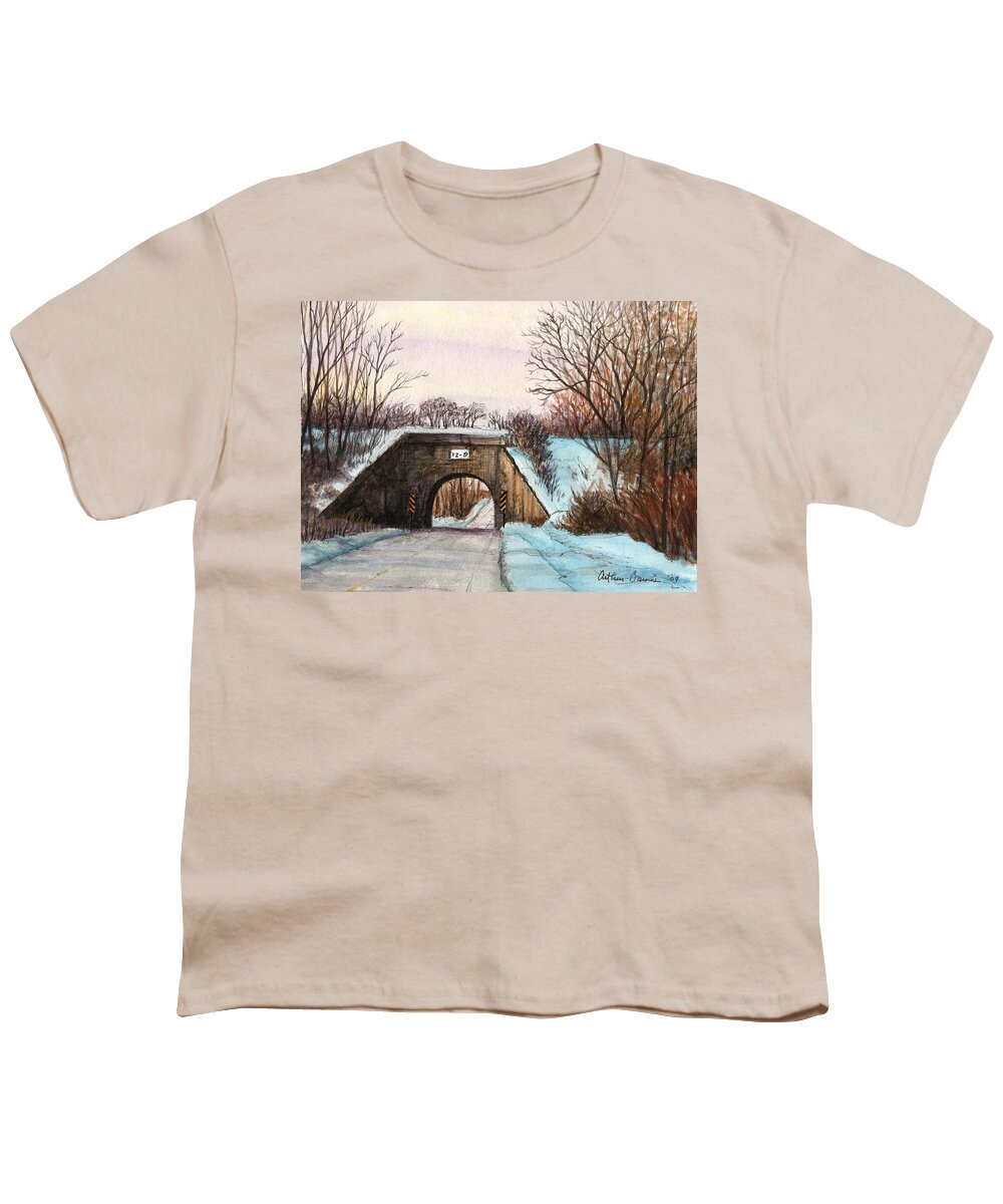 Landscape Youth T-Shirt featuring the painting Hootiesappertapperbridgebug. by Arthur Barnes