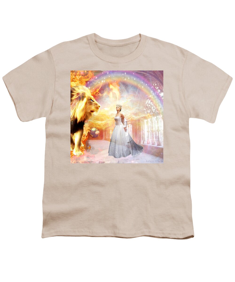 Lion Of Judah Hope Bride Of Christ Rainbow Stars Heaven Kings Court Room Earth World Youth T-Shirt featuring the digital art Hope of Glory by Dolores Develde