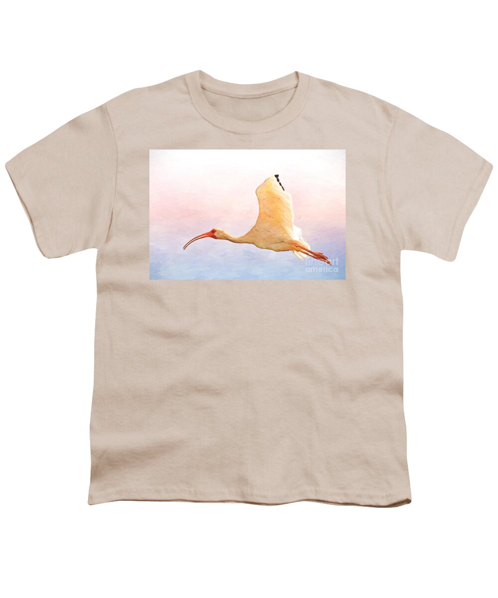 American White Ibis Youth T-Shirt featuring the photograph Ibis in Flight by Kerri Farley