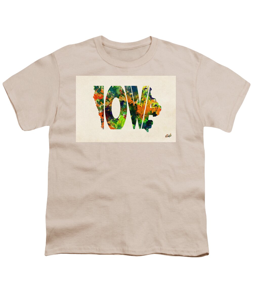 Iowa Youth T-Shirt featuring the painting Iowa Typographic Watercolor Map by Inspirowl Design