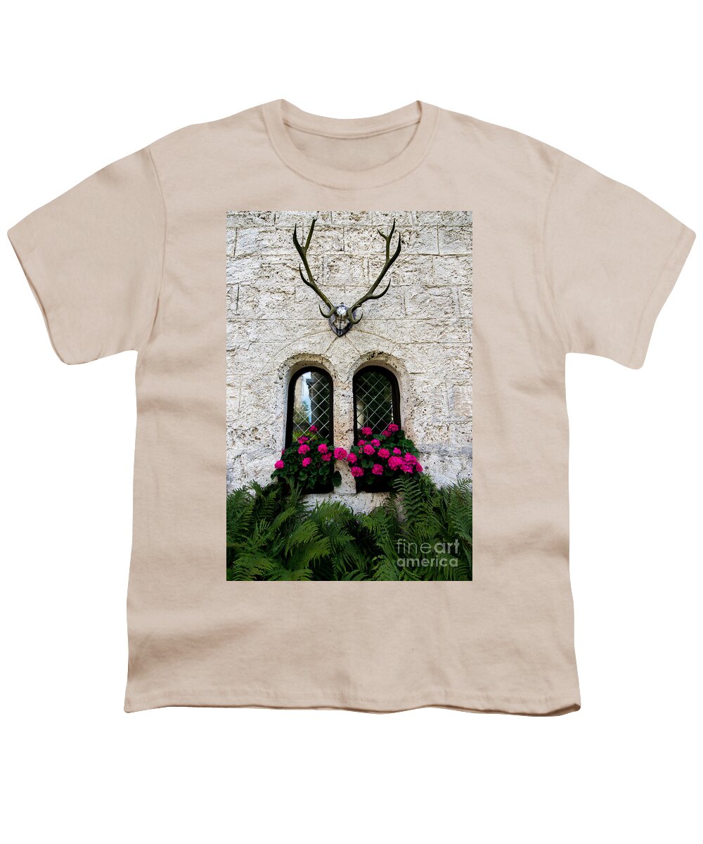 Lichtenstein Castle Youth T-Shirt featuring the photograph Lichtenstein Castle Windows Wall and Antlers - Germany by Gary Whitton