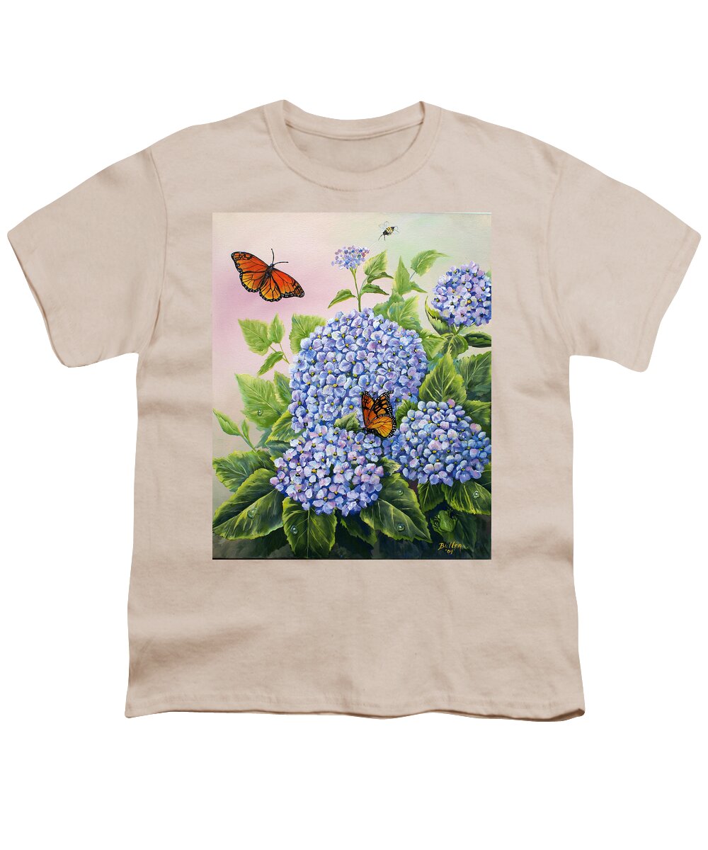 Butterfly Youth T-Shirt featuring the painting Monarchs and Hydrangeas by Gail Butler
