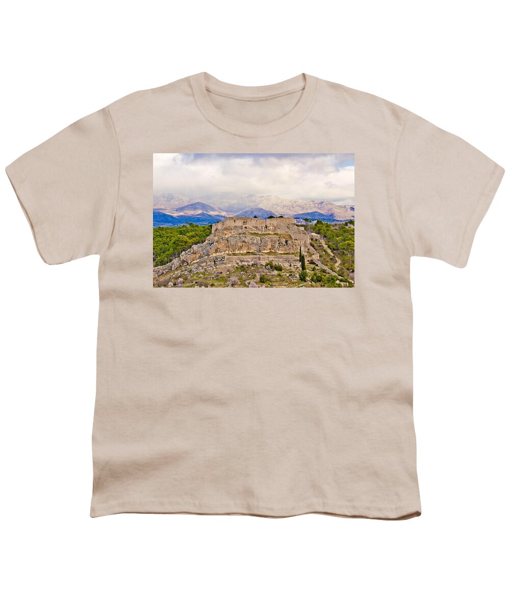 Dalmatinski Youth T-Shirt featuring the photograph Novigrad Dalmatinski fortress and Velebit Mountain by Brch Photography