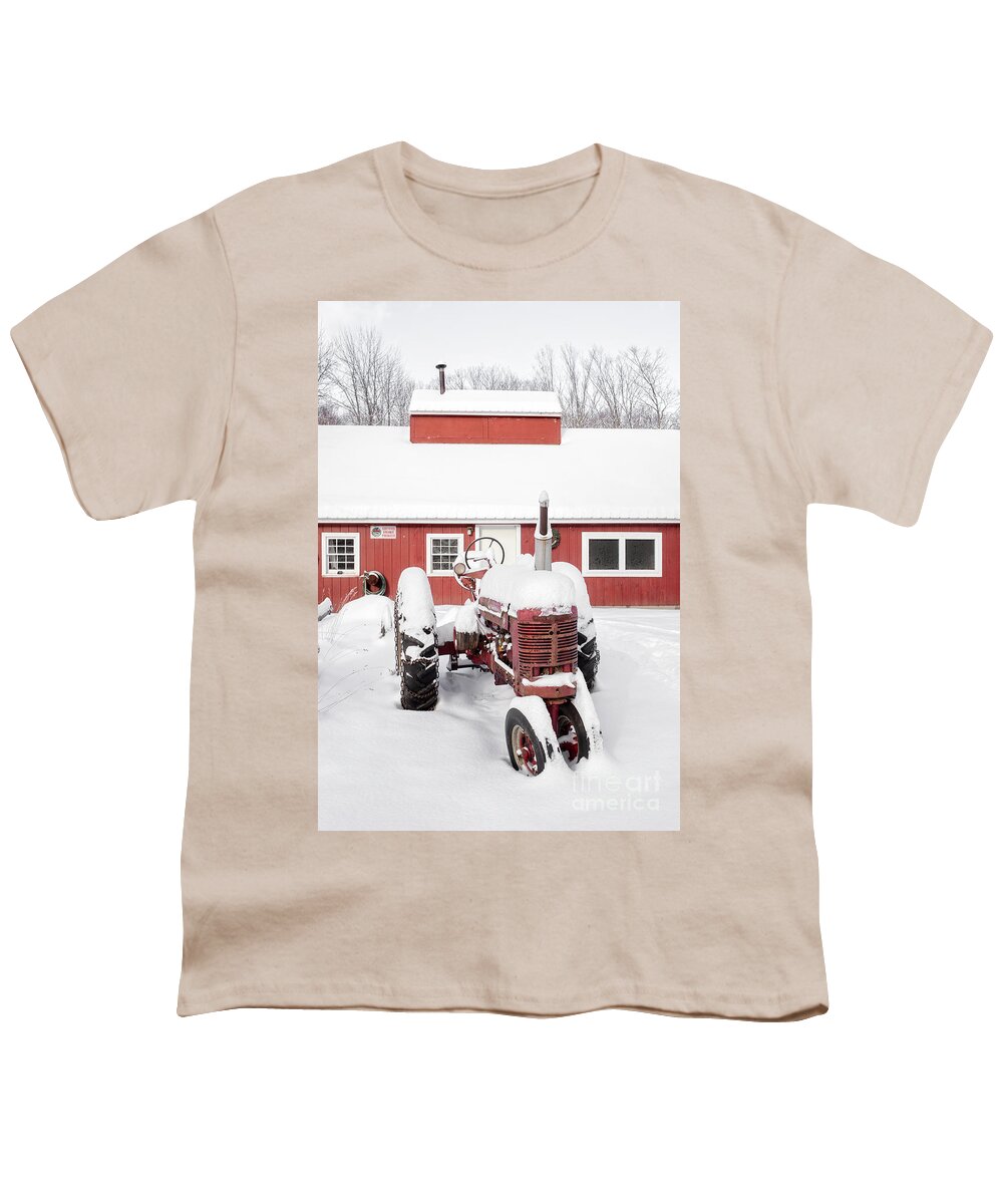 Big Youth T-Shirt featuring the photograph Old red tractor in front of classic sugar shack by Edward Fielding