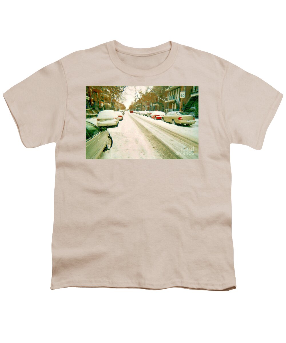 Montreal Youth T-Shirt featuring the painting Parked Cars Snowed In Cold December Day Verdun Painting Quebec Winter Scenes Carole Spandau Art by Carole Spandau