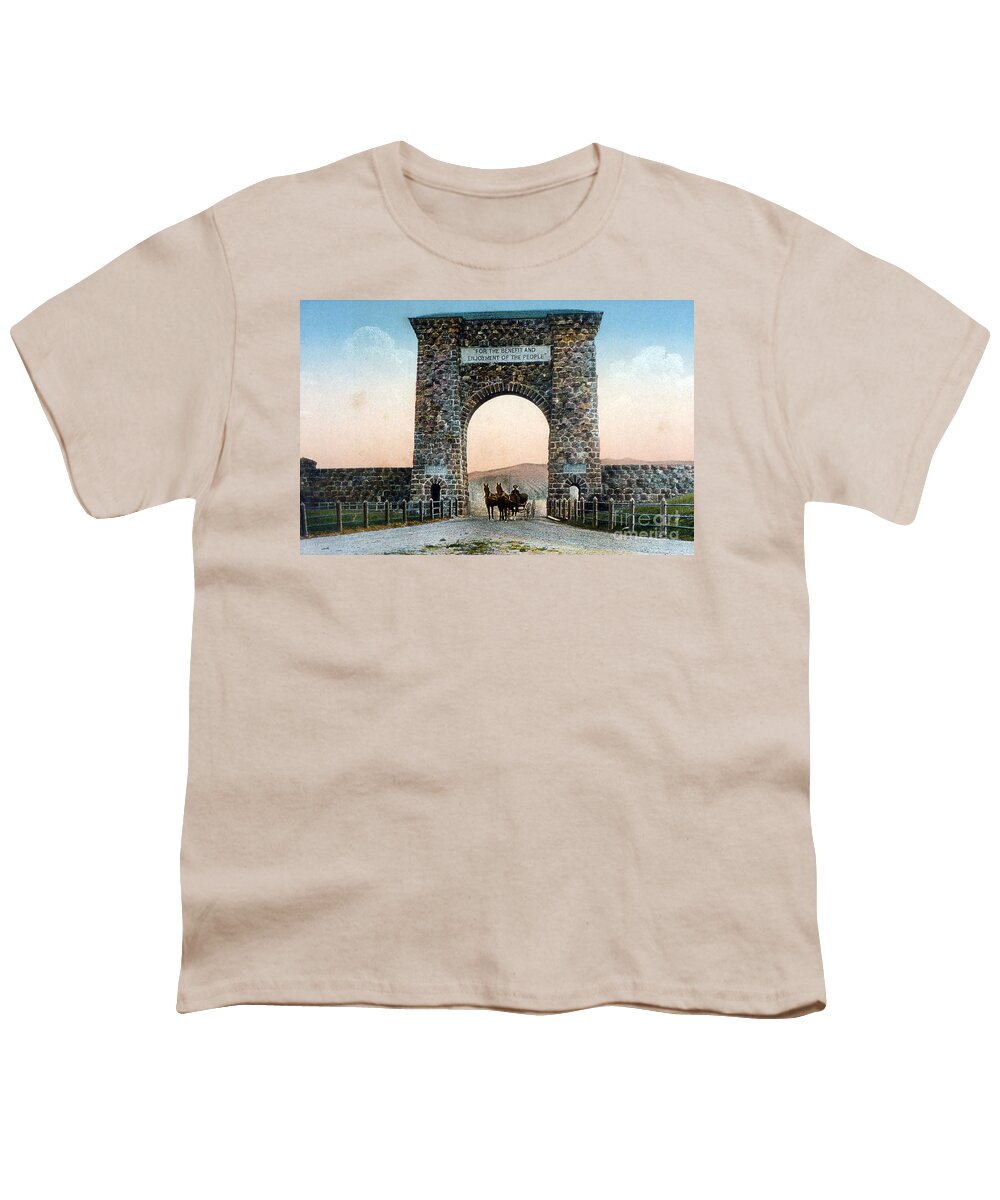 History Youth T-Shirt featuring the photograph Roosevelt Arch Yellowstone Np by NPS Photo Frank J Haynes