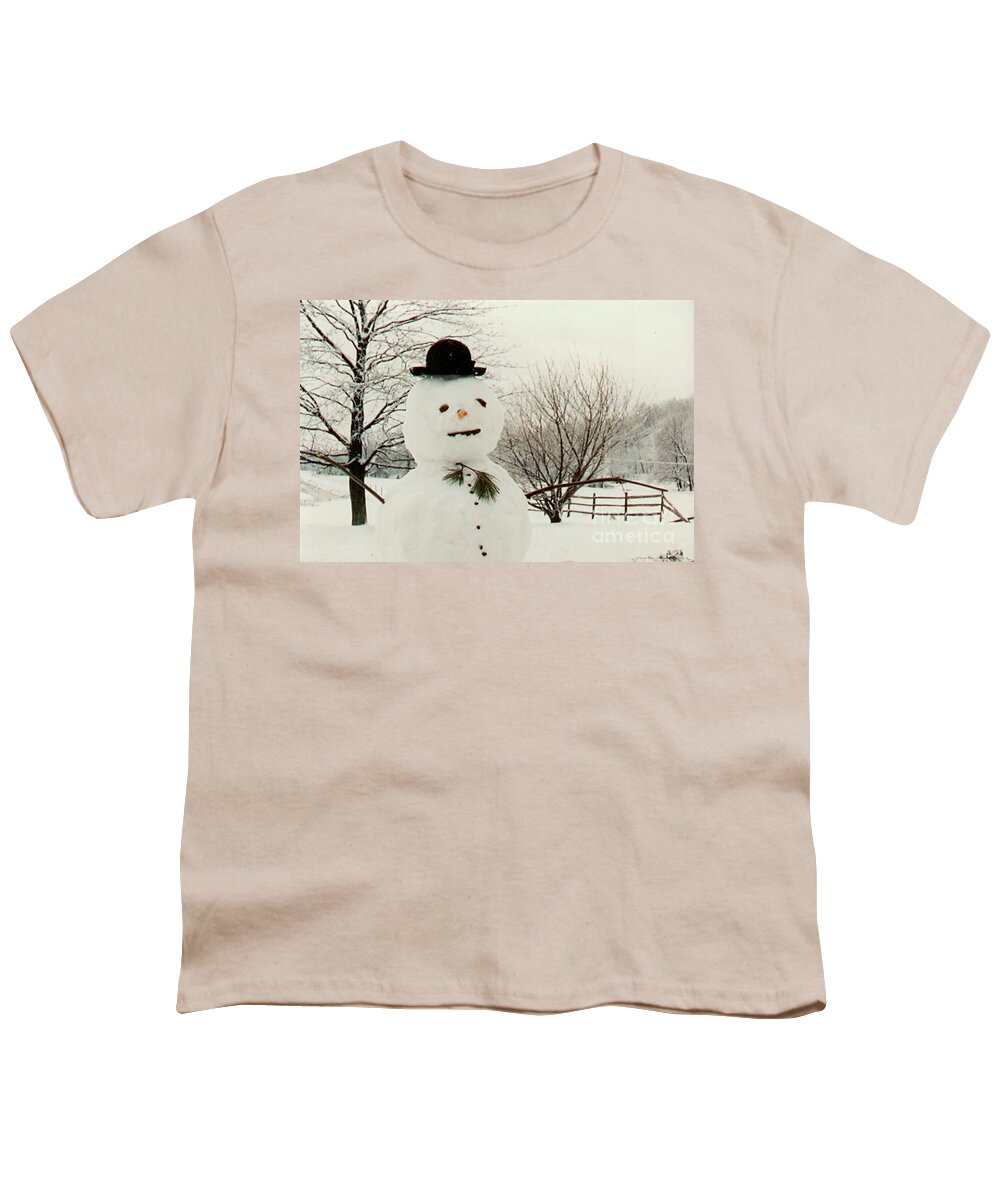 Winter Youth T-Shirt featuring the photograph Snowman Enjoying a Snowy Day by Anna Lisa Yoder