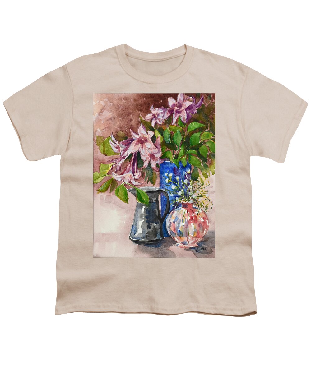 Pink Flowers Youth T-Shirt featuring the painting Asian Pink Lilies by Jyotika Shroff