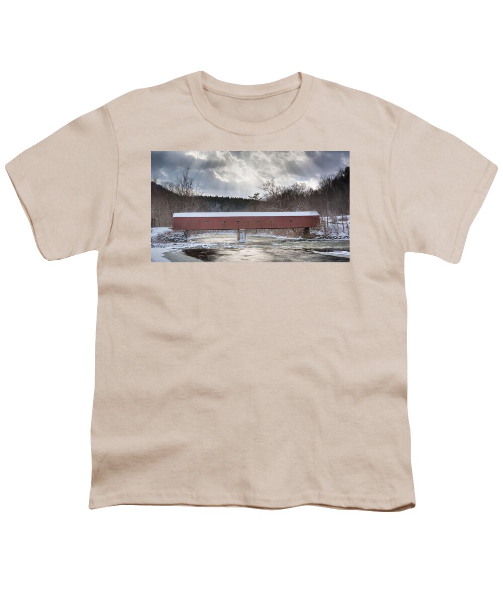 West Cornwall Covered Bridge Youth T-Shirt featuring the photograph West Cornwall Covered Bridge Winter by Bill Wakeley