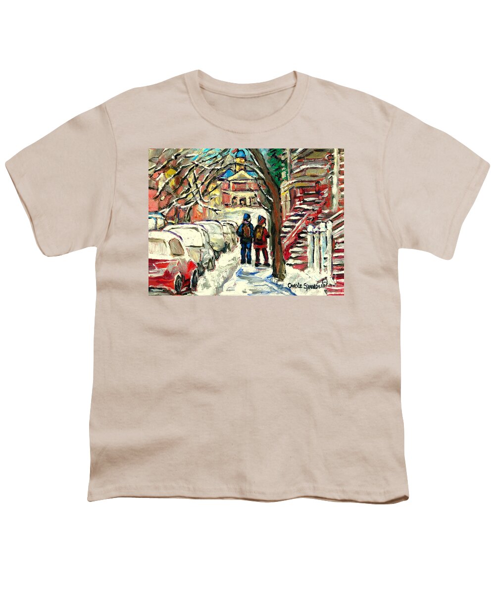 Montreal Youth T-Shirt featuring the painting Winter Scene Painting Rows Of Snow Covered Cars First School Day After Christmas Break Montreal Art by Carole Spandau