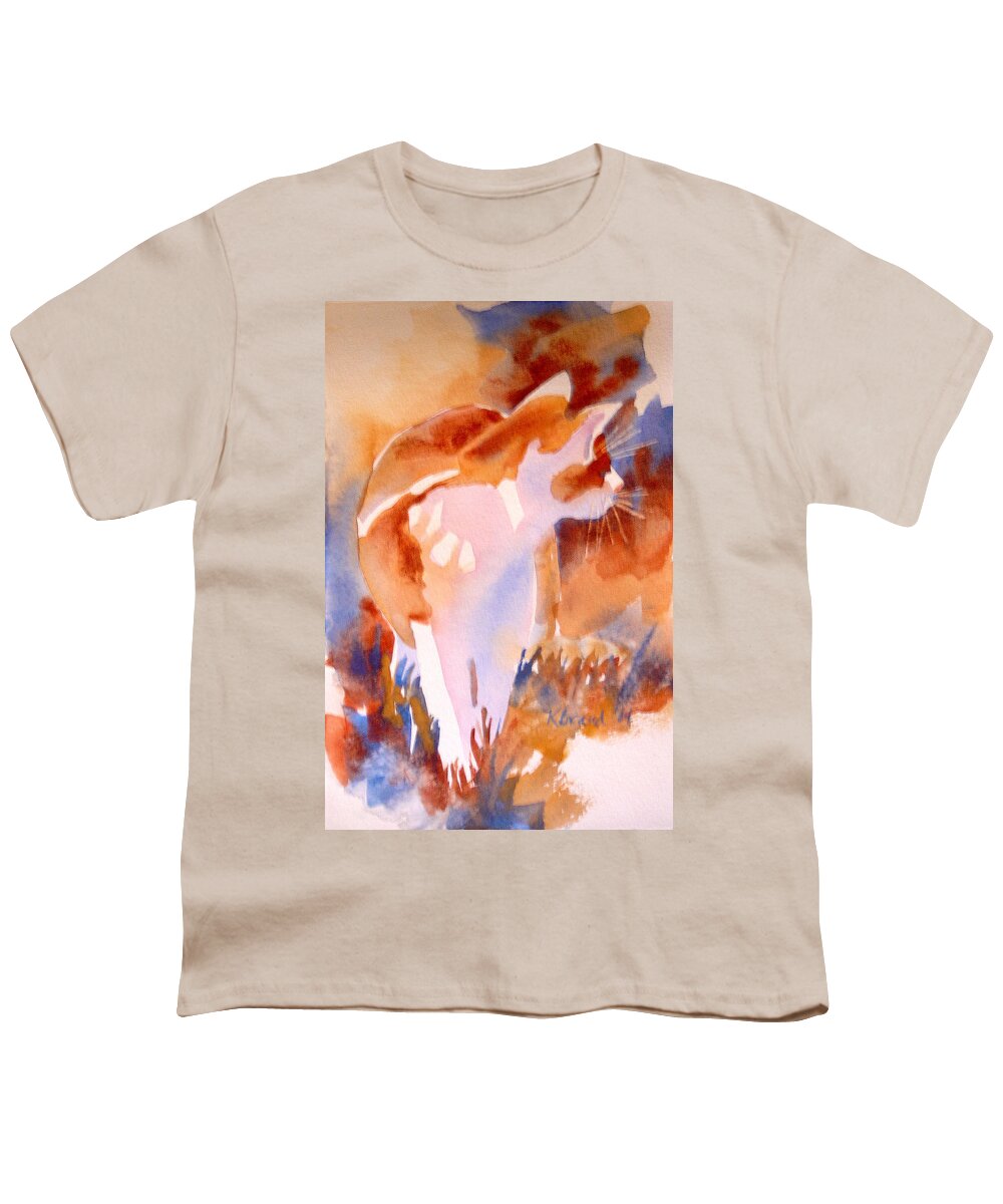 Feline Youth T-Shirt featuring the painting Burnt Sienna Cat on the Prowl by Kathy Braud