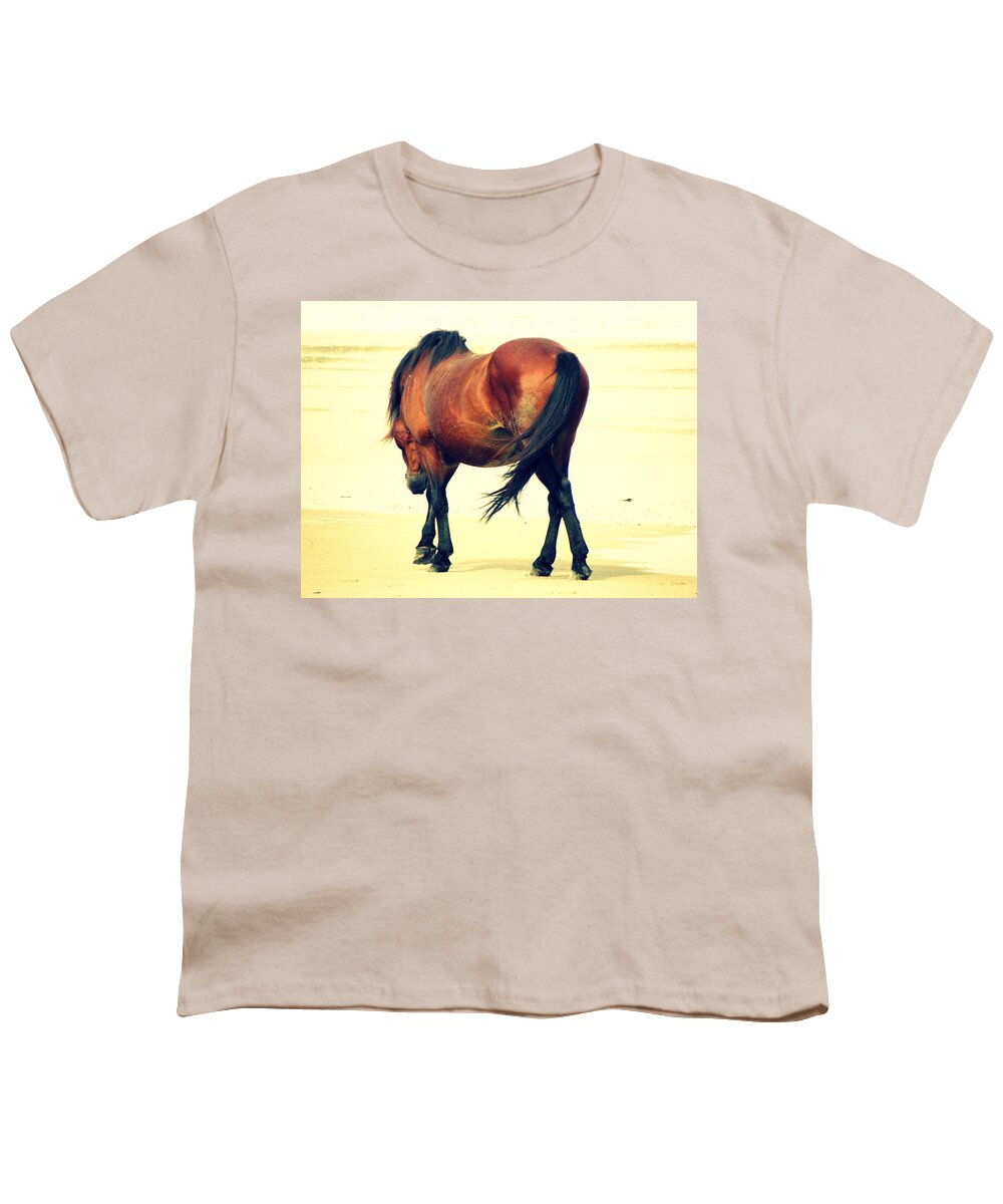 Wild Spanish Mustang Youth T-Shirt featuring the photograph A beach stroll by Kim Galluzzo
