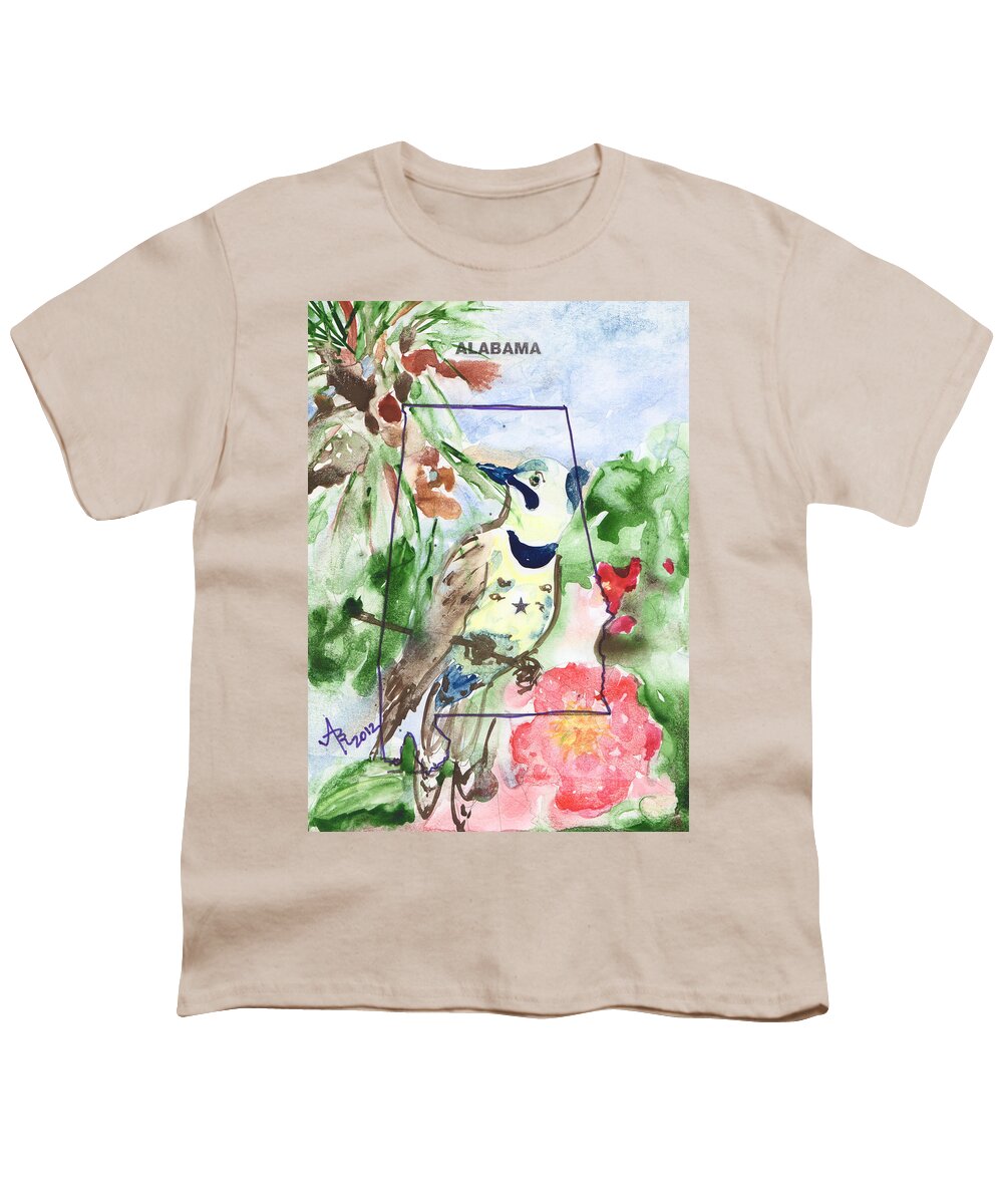 Alabama Youth T-Shirt featuring the painting Alabama State Tree Bird Flower by Anna Ruzsan