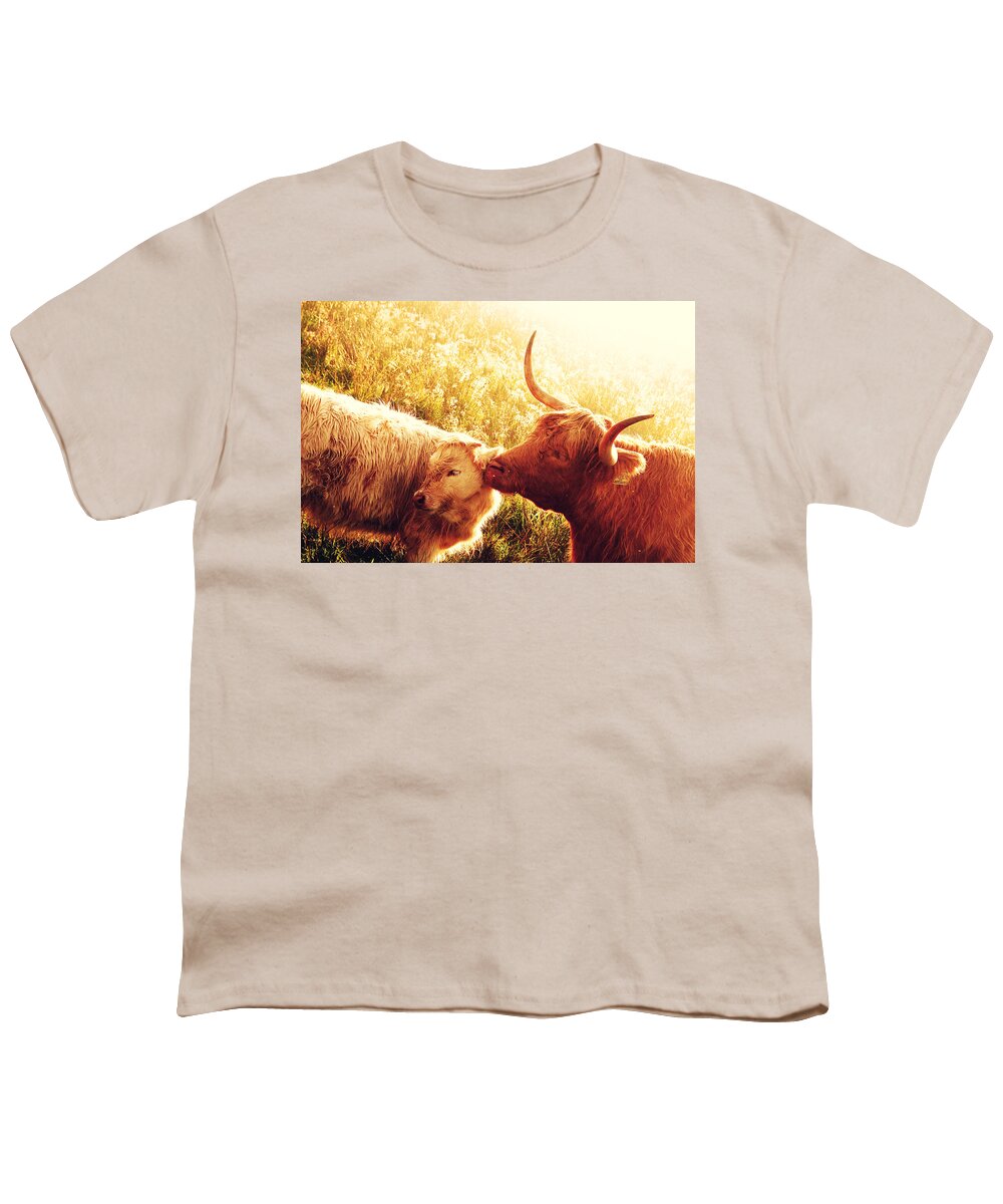 Jenny Rainbow Fine Art Photography Youth T-Shirt featuring the photograph Fenella with Her Daughter. Highland Cows. Scotland by Jenny Rainbow
