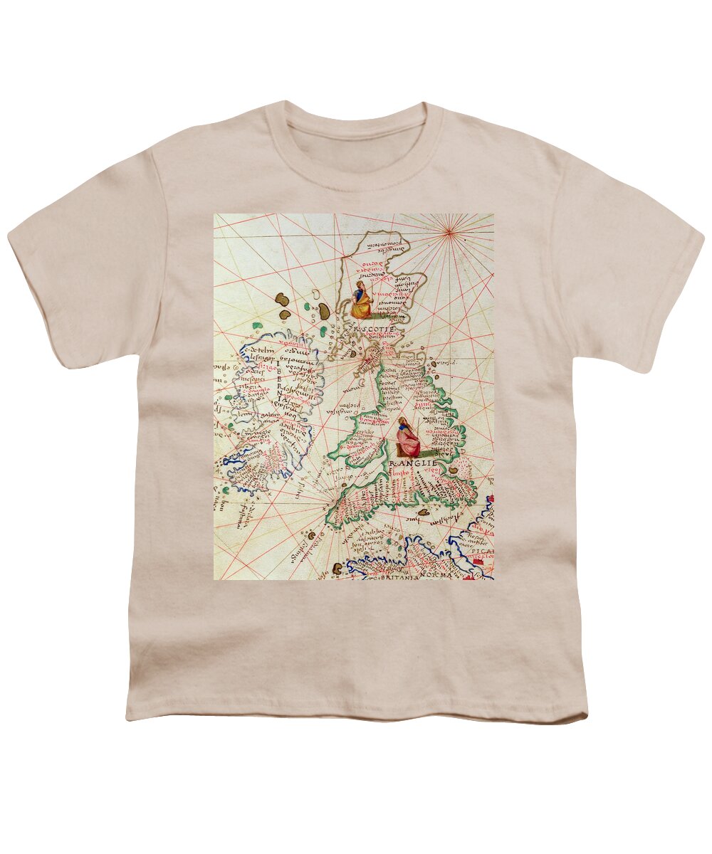 Maps Youth T-Shirt featuring the drawing The Kingdoms of England and Scotland by Battista Agnese