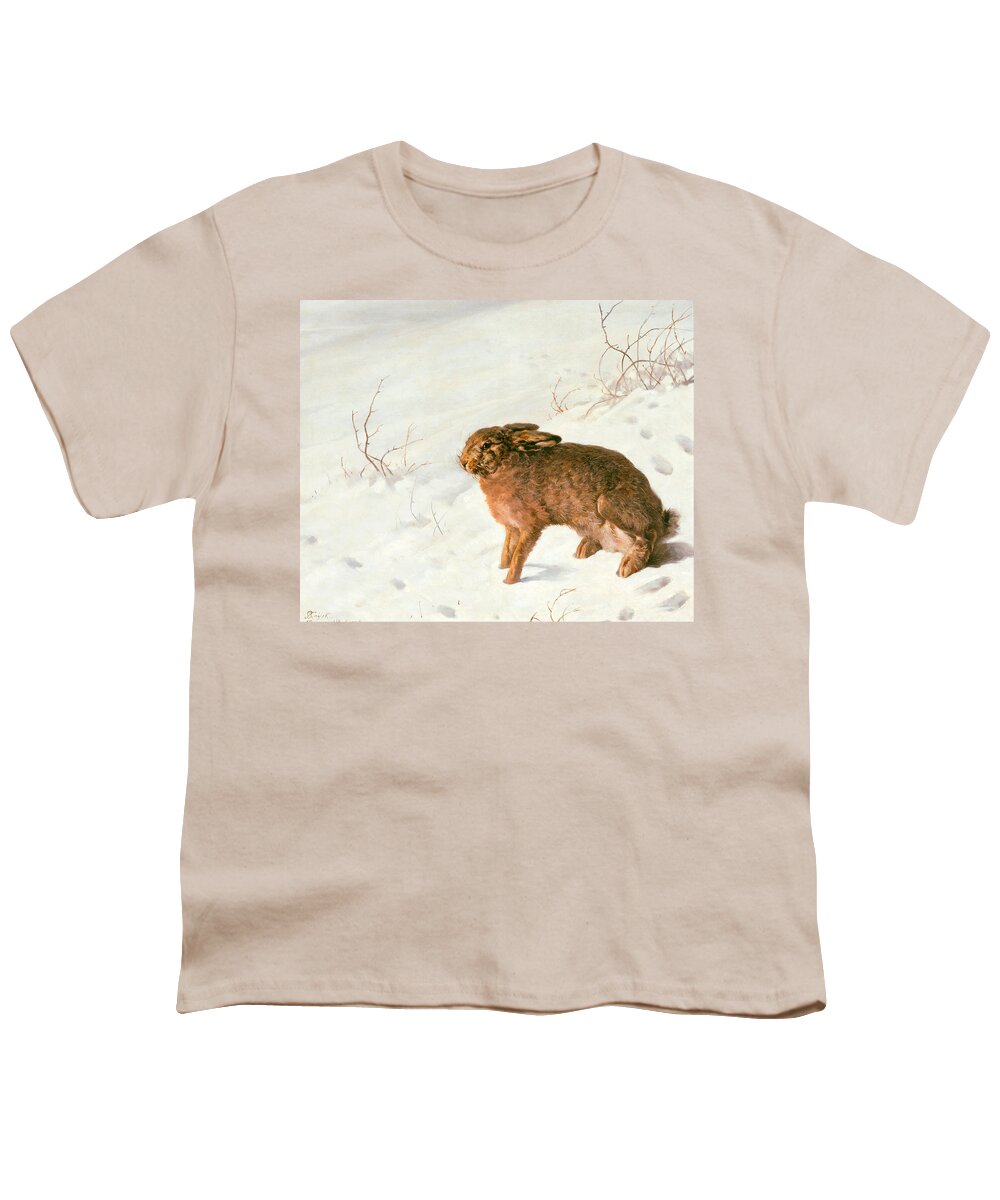 Ferdinand Von Rayski Youth T-Shirt featuring the painting Hare in the Snow #4 by Ferdinand von Rayski