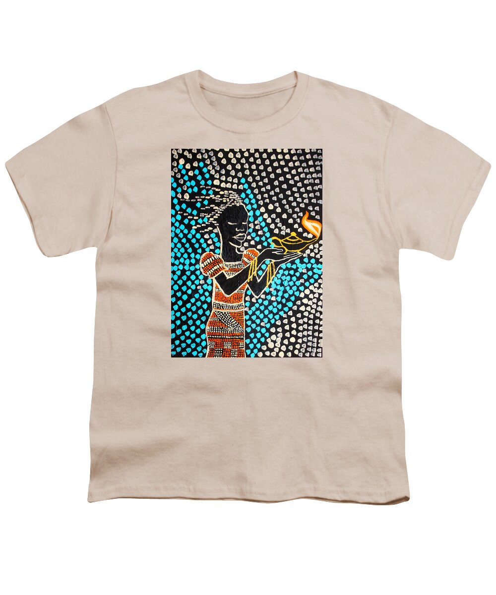 Jesus Youth T-Shirt featuring the painting Shilluk South Sudanese Wise Virgin #1 by Gloria Ssali