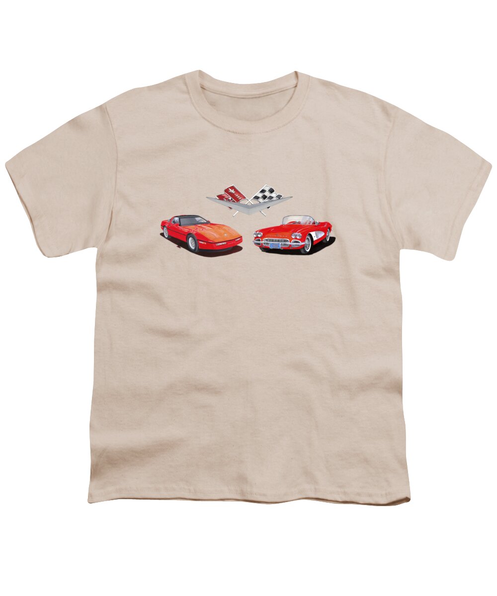 Tee Shirt Art Layout Of A 1986 & A 1961 Corvette Youth T-Shirt featuring the painting 1986 and 1961 Corvettes by Jack Pumphrey