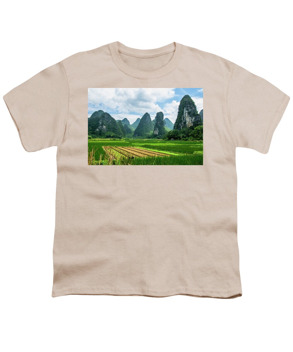 Karst Youth T-Shirt featuring the photograph Karst mountains and rural scenery #45 by Carl Ning