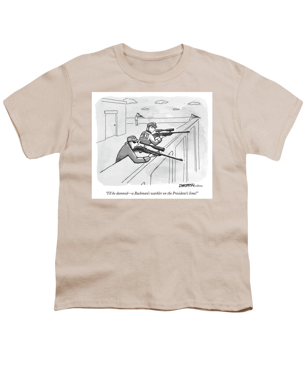 Birds Youth T-Shirt featuring the drawing A Bachmans warbler on the Presidents limo by Covert C Darbyshire