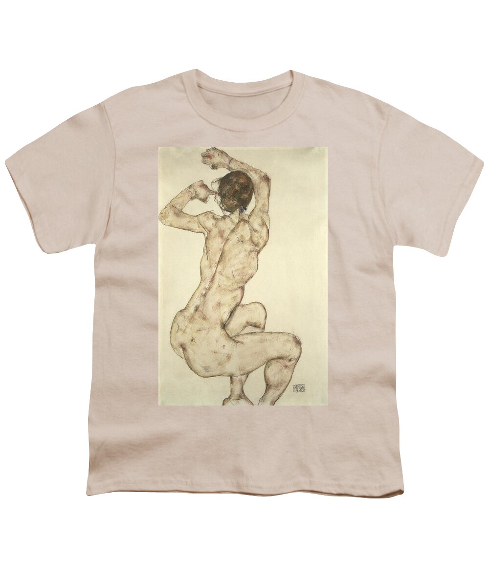 A Crouching Nude Youth T-Shirt featuring the painting A Crouching Nude by Egon Schiele