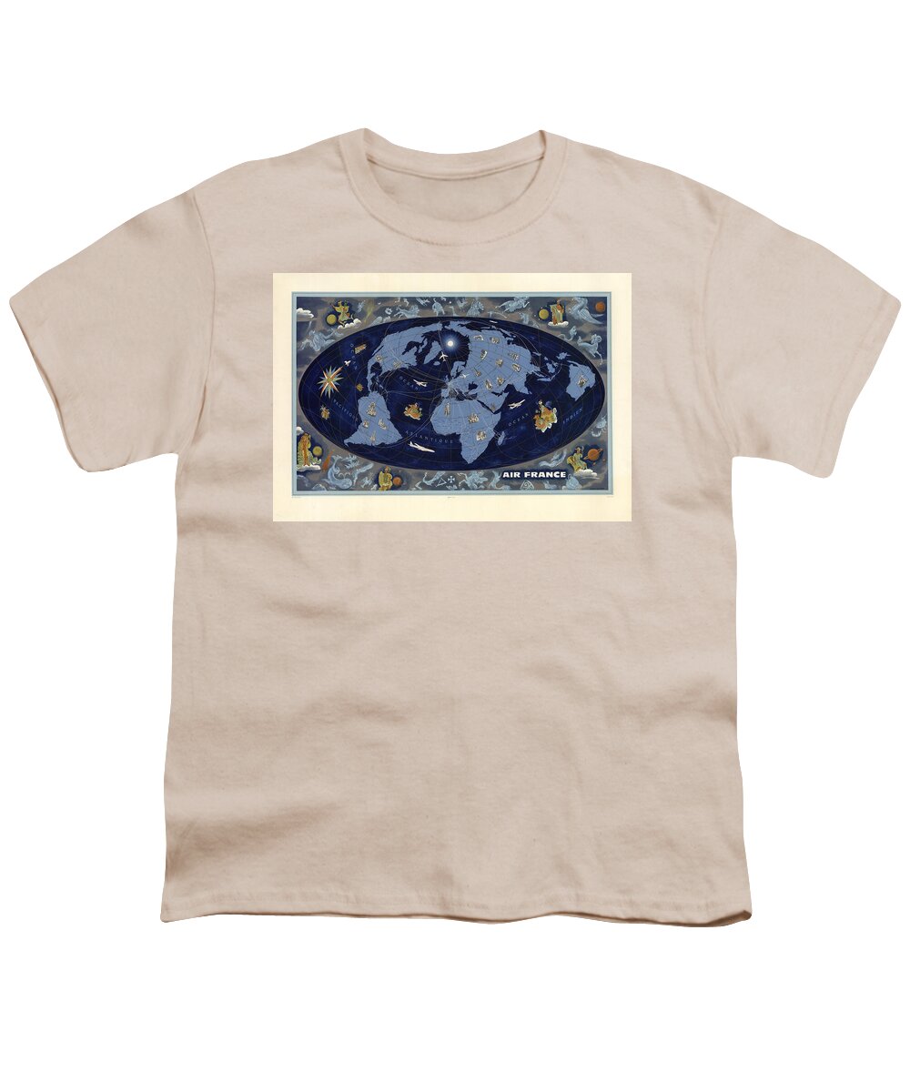 Air France Youth T-Shirt featuring the mixed media Air France - Vintage Illustrated World Map - Lucien Boucher - Air Routes by Studio Grafiikka