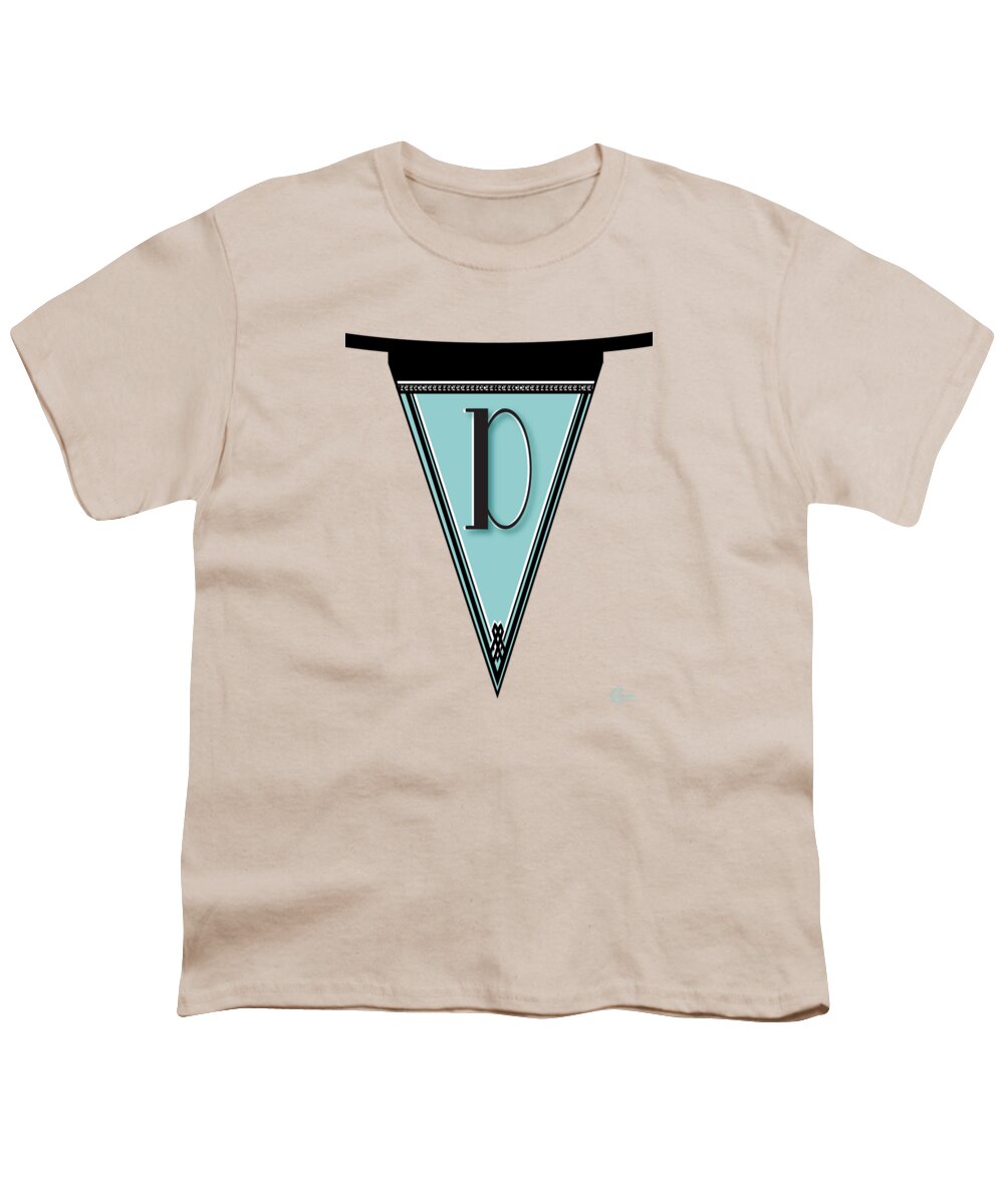 Monogram Youth T-Shirt featuring the digital art Pennant Deco Blues Banner initial letter D by Cecely Bloom