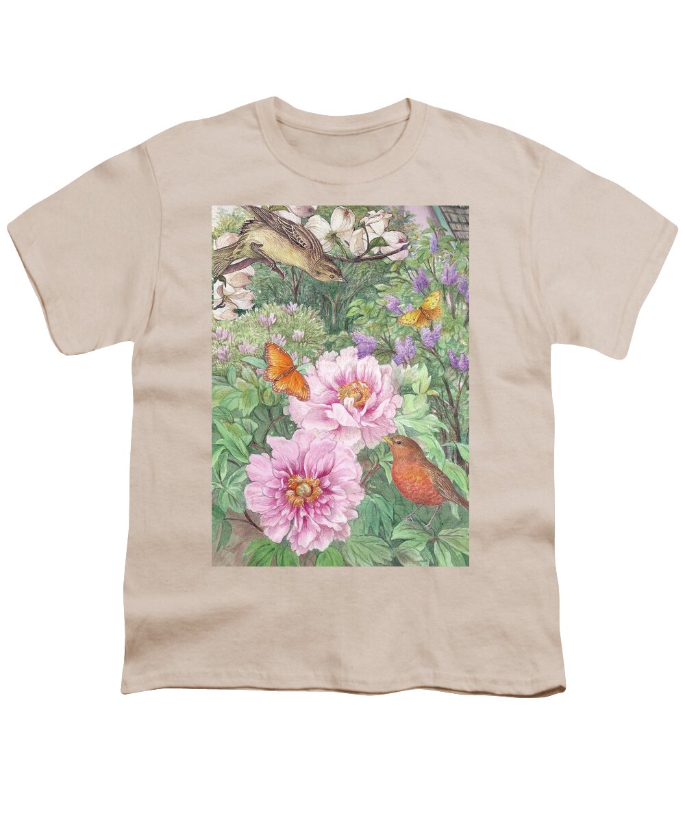 Illustrated Peony Youth T-Shirt featuring the painting Birds Peony Garden Illustration by Judith Cheng