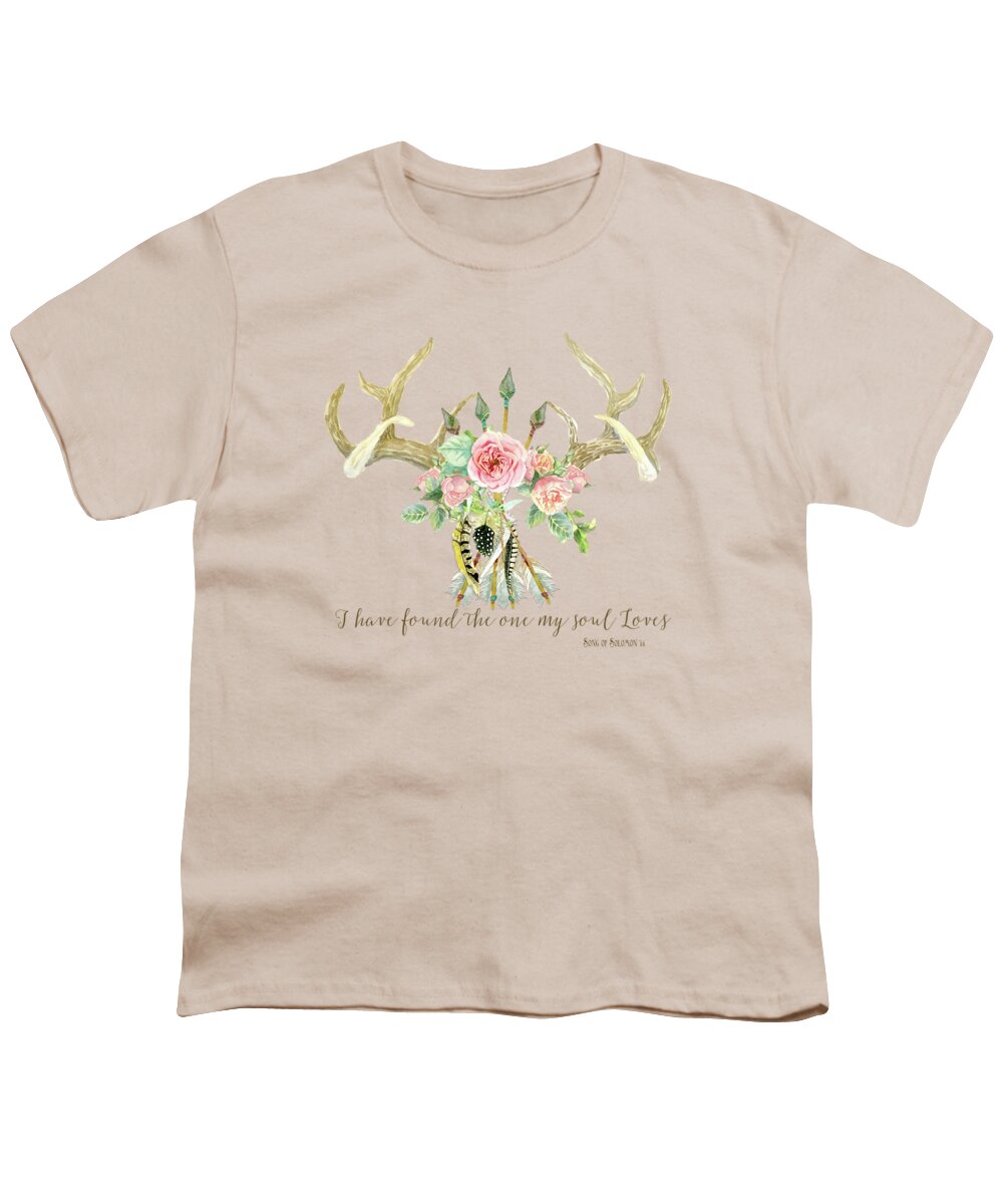 Watercolor Youth T-Shirt featuring the painting BOHO Love - Deer Antlers Floral Inspirational by Audrey Jeanne Roberts