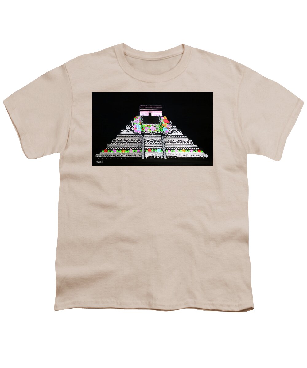 Cancun Youth T-Shirt featuring the photograph Cancun Mexico - Chichen Itza - Temple of Kukulcan-El Castillo Pyramid Night Lights 8 by Ronald Reid