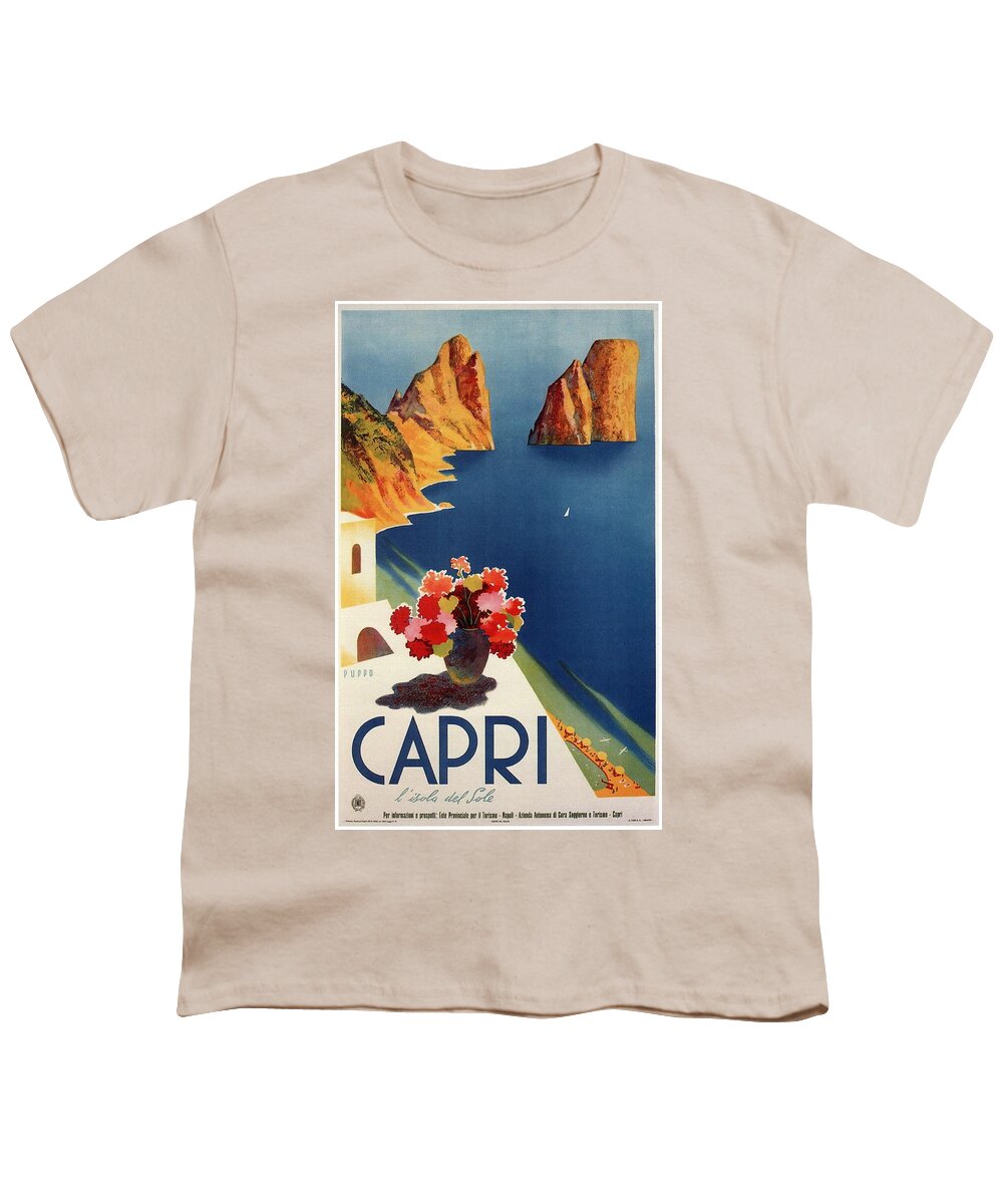 Travel Poster Youth T-Shirt featuring the mixed media Capri Island, Bay of Naples, Italy - Retro travel Poster - Vintage Poster by Studio Grafiikka