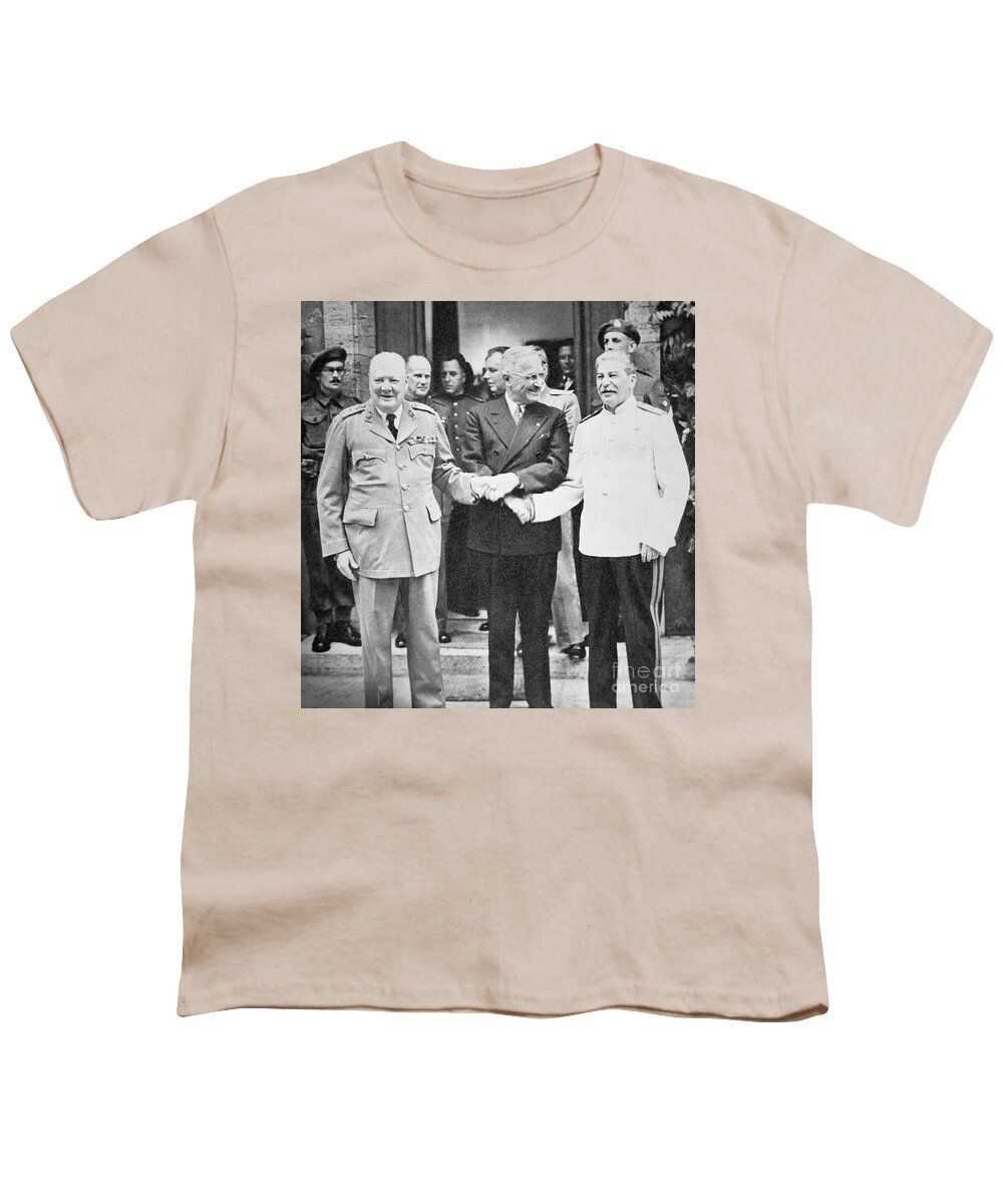 Potsdam Youth T-Shirt featuring the photograph Churchill, Truman and Stalin at the Potsdam Conference, July 1945 by English School
