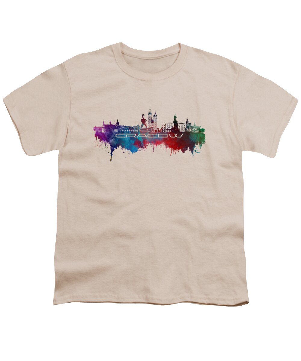 Cracow Youth T-Shirt featuring the digital art Cracow skyline city blue by Justyna Jaszke JBJart