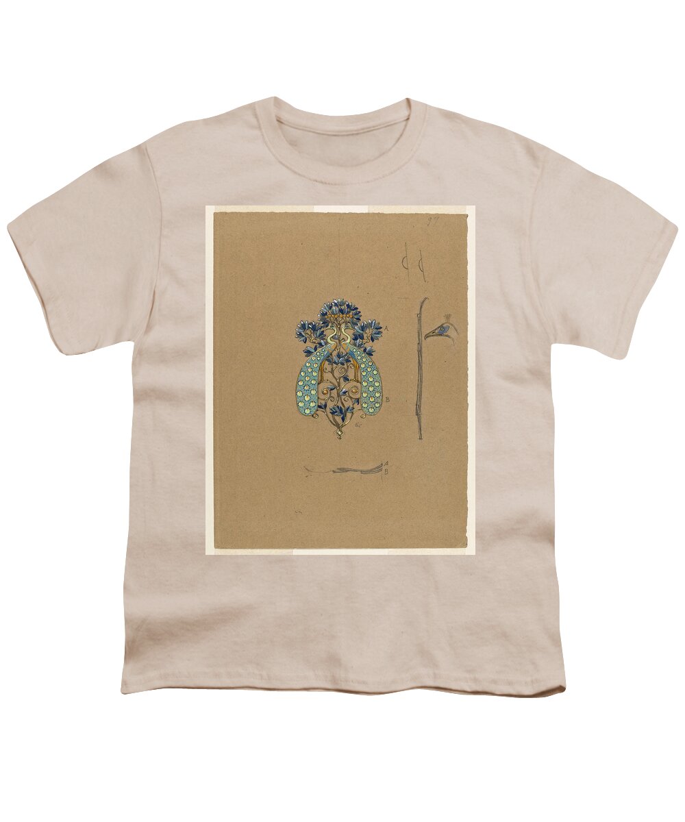 Eugene Samuel Grasset Youth T-Shirt featuring the drawing Design for a Belt Buckle with Peacock Motif by Eugene Samuel Grasset