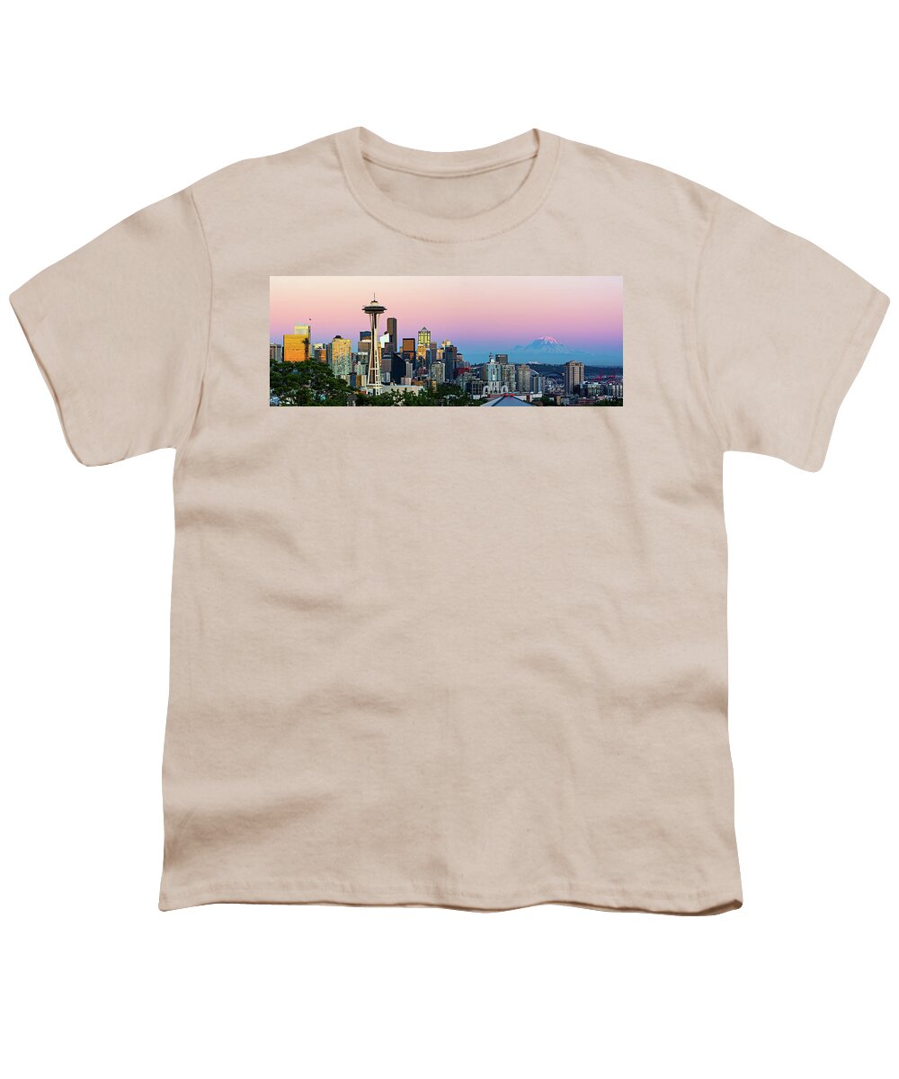 Outdoor; Sunset; Downtown; Seattle; Space Needle; Port Seattle; Summer; Mount Rainier; Pink; Tree; Alpenglow Youth T-Shirt featuring the digital art Downtown Seattle by Michael Lee