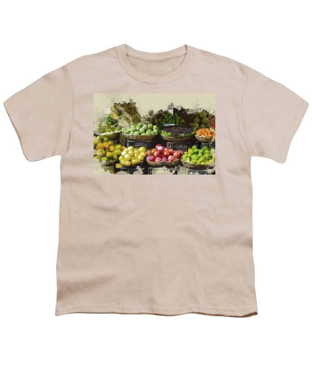 Food Youth T-Shirt featuring the painting Farmers Market Fruit Stand by Elaine Plesser