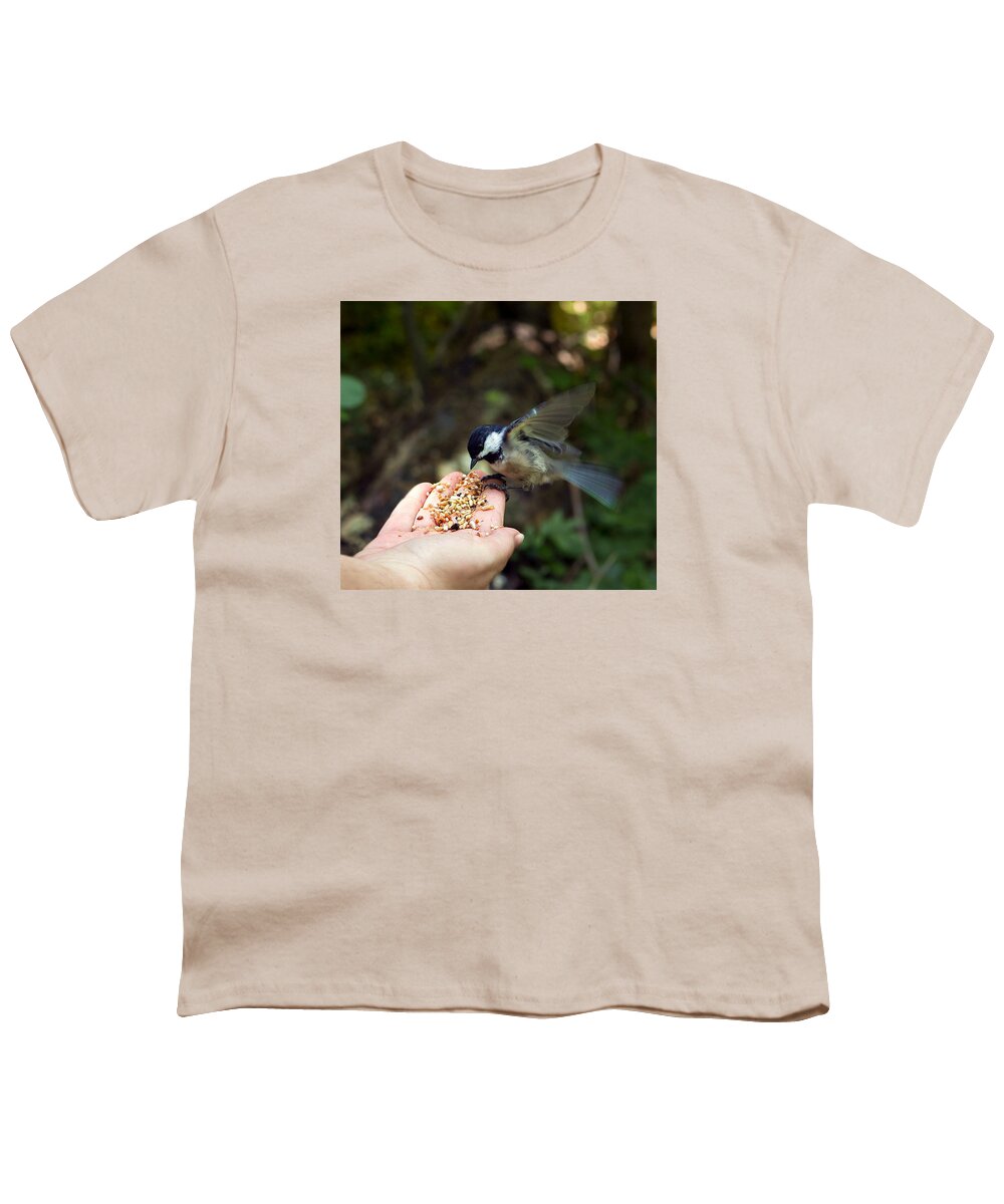 Bird Youth T-Shirt featuring the photograph Feeding bird from my hand by Lilia S