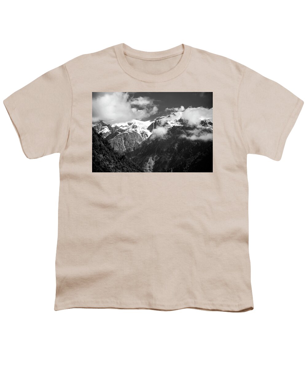 Joan Carroll Youth T-Shirt featuring the photograph Franz Josef Glacier Valley New Zealand BW by Joan Carroll