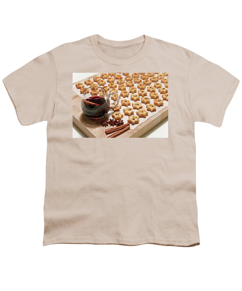 Cookie Youth T-Shirt featuring the photograph Freshly baked cheese cookies and hot wine by GoodMood Art