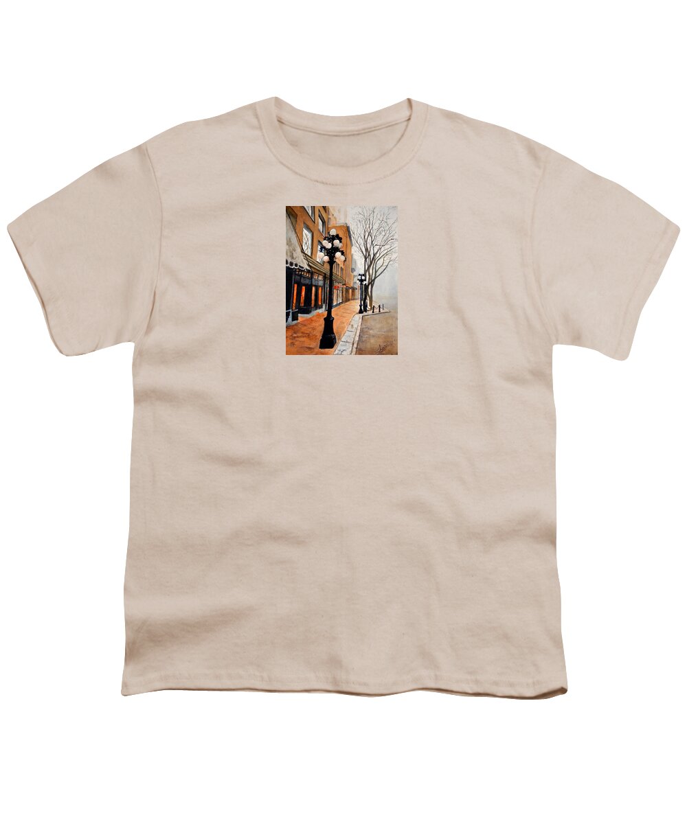 Street Scene Youth T-Shirt featuring the painting Gastown, Vancouver by Sher Nasser