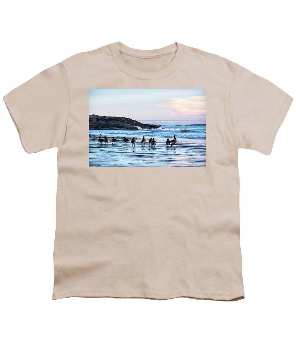 Geese Youth T-Shirt featuring the photograph Geese congregating on Preston Beach Marblehead Massachusetts Sunrise by Toby McGuire