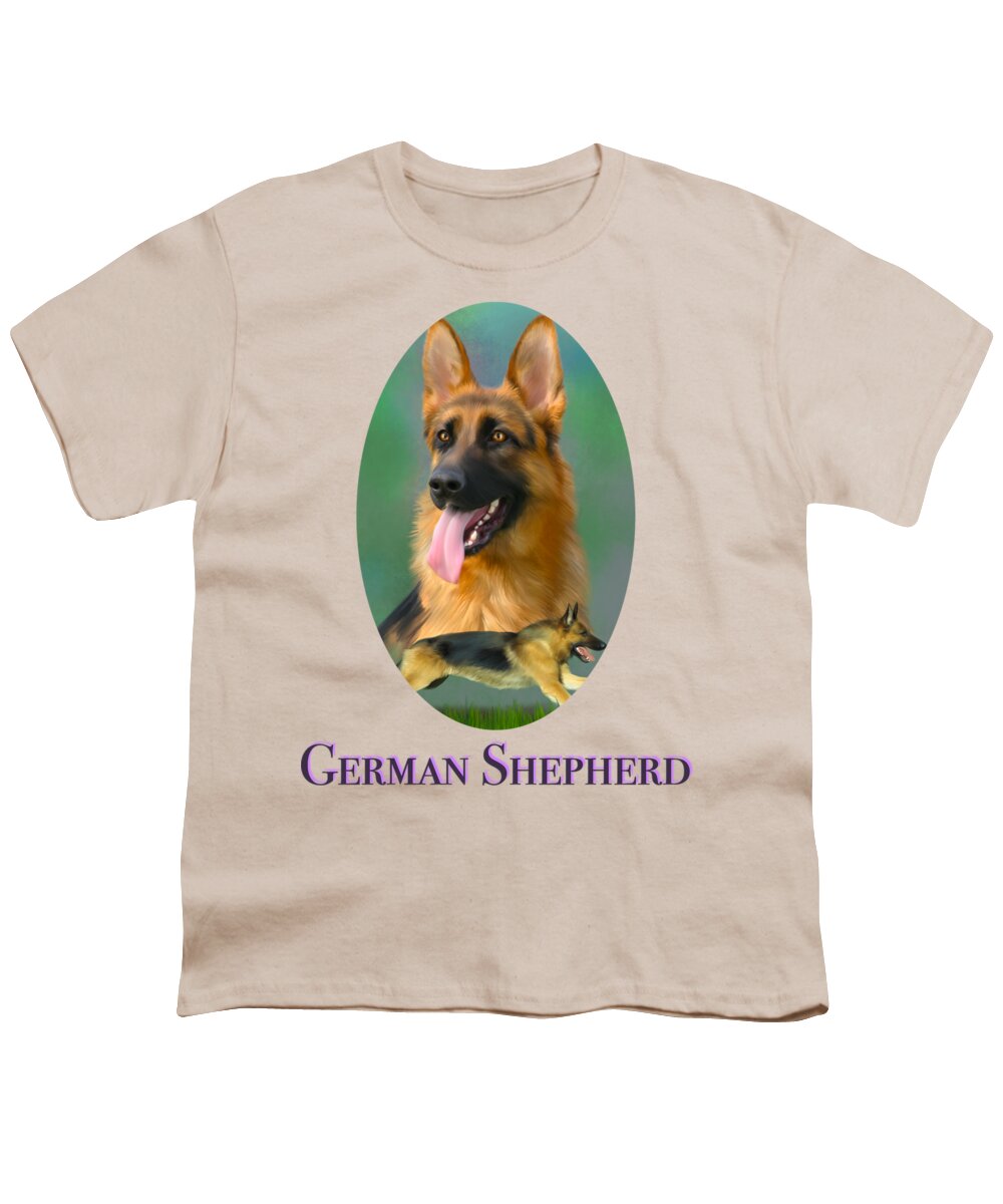 German Shepherd Youth T-Shirt featuring the painting German Shepherd with Name Logo by Becky Herrera