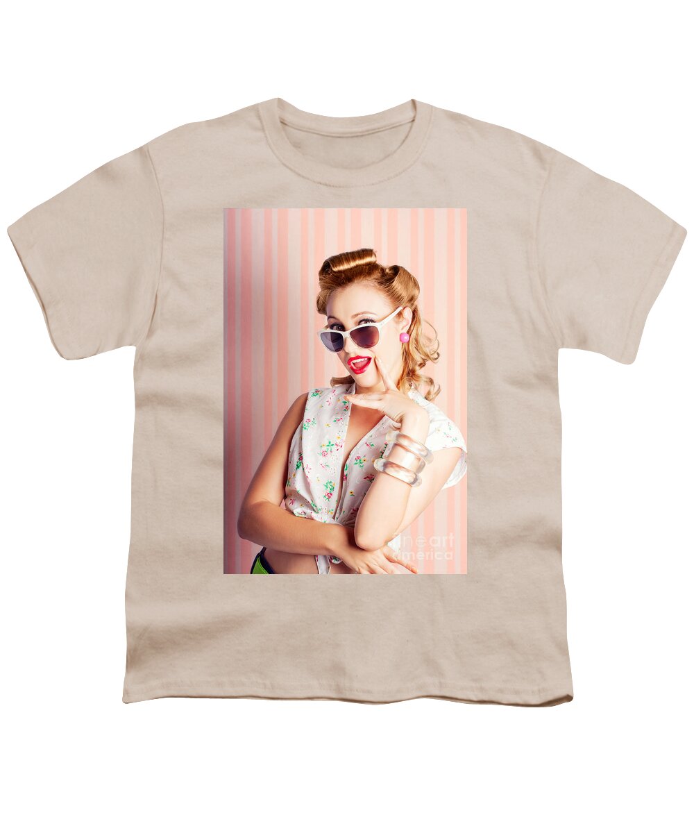 Retro Youth T-Shirt featuring the photograph Glamorous Retro Blonde Girl Thinking Fashion Ideas by Jorgo Photography