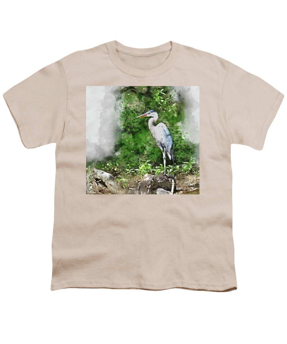 Heron Youth T-Shirt featuring the digital art Great Blue Heron Watercolor by Kathy Kelly