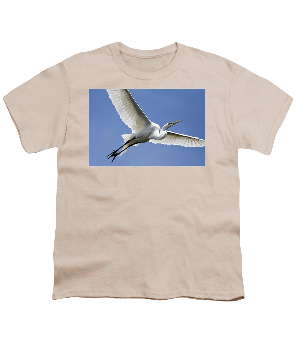 Birds Youth T-Shirt featuring the photograph Great Egret Soaring by Gary Wightman