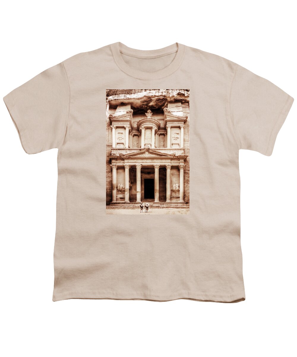 Petra Youth T-Shirt featuring the photograph Guarding The Petra Treasury by Nicola Nobile
